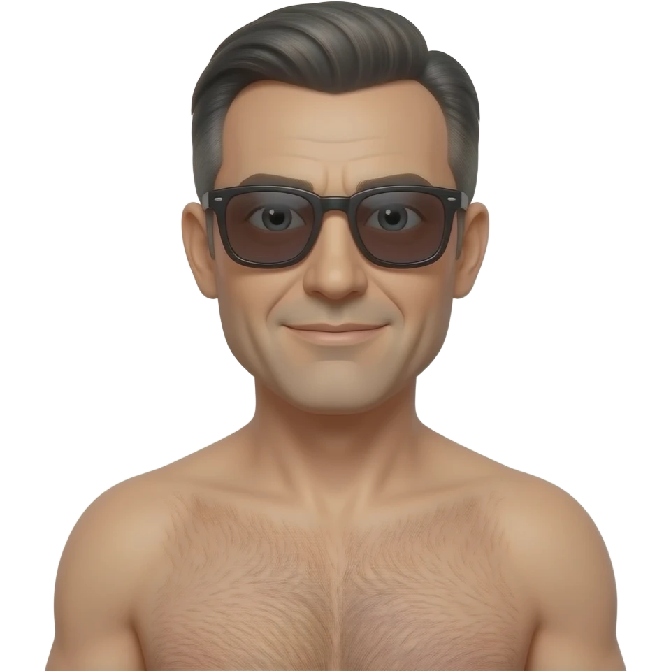 A guy, wearing sunglasses, 50 year old, full length, naked. emoji