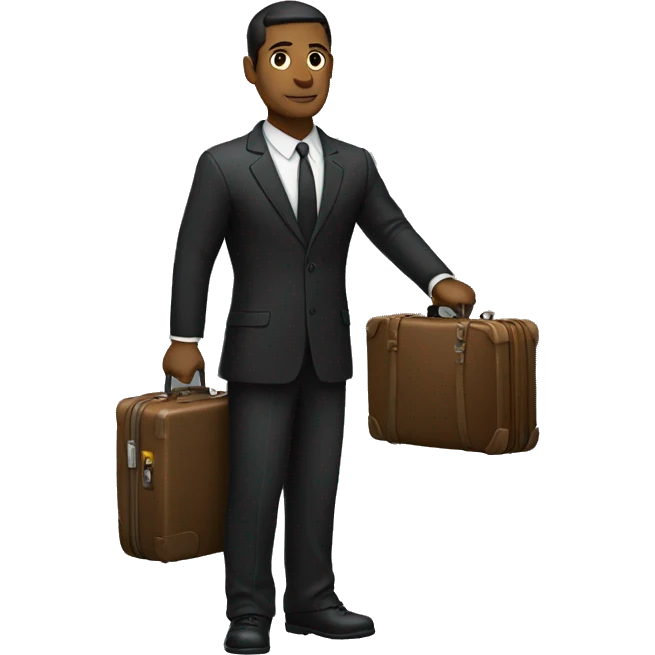 a man wearing black suit and holding suitcase looking away and standing emoji