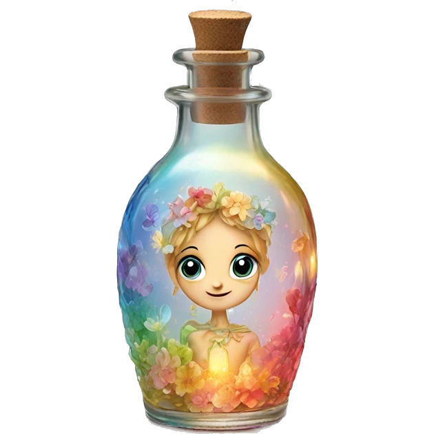 Antique oil bottle made of crystal glass of all delicate colors of the light rainbow, a living flower fairy sits at the bottom of the bottle emoji