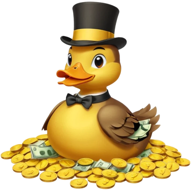 Duck character in top hat swimming in pile of gold coins and money bags emoji