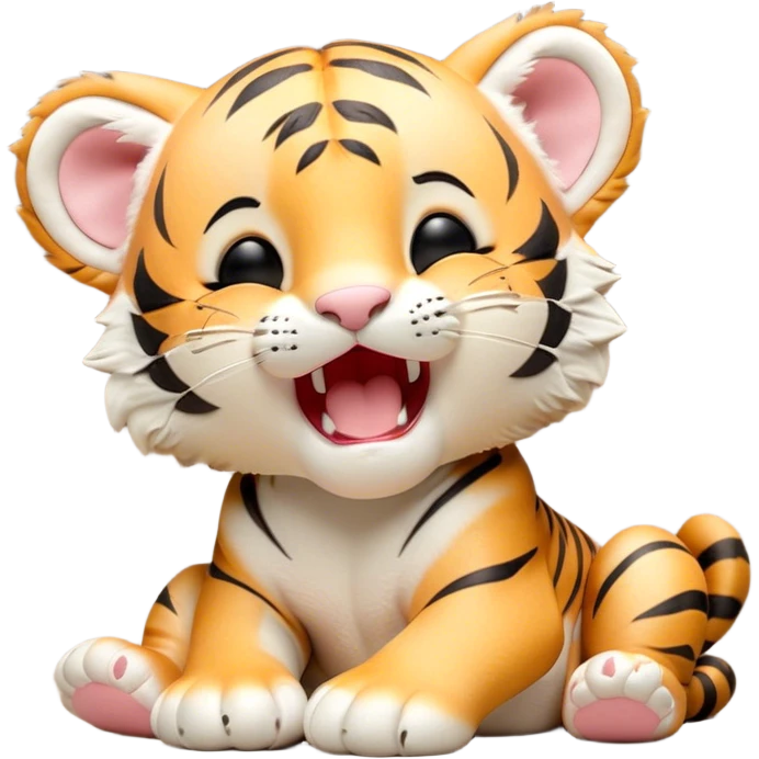 Cinematic Cute Yawning Tiger Cub Portrait Emoji, Head tilted slightly with a dramatic, wide-open yawn, showcasing a small, plush body with drowsy, half-closed eyes and an open, relaxed expression, Simplified yet irresistibly adorable features, highly detailed, glowing with a soft, cozy wild glow, high shine, relaxed yet expressive, stylized with a dash of whimsical jungle charm, soft glowing outline, capturing the essence of a drowsy yet affectionate tiger cub that appears ready to stretch out for a nap! emoji