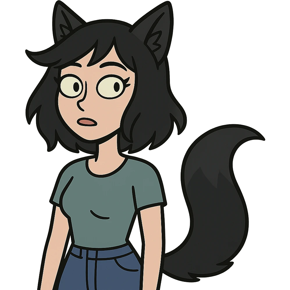 a girl with black fox ears and a tail, green eyes, dark hair emoji