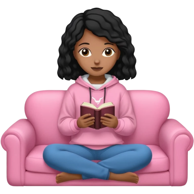 Una chica linda de cabello negro con ondas hasta los hombros de piel blanca con una sudadera rosa en un sofá cómodo y hermoso leyendo la biblia emoji