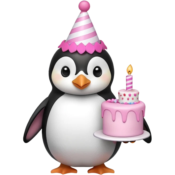 cute penguin with birthday hat hold a birthday pink cake in arms emoji