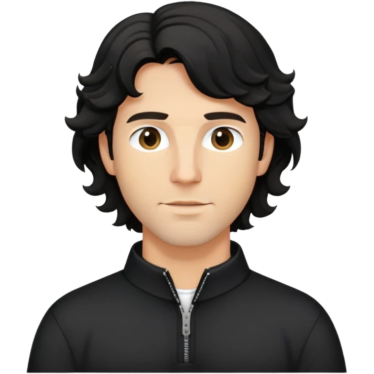 Caucasian man with black wavy hair wearing a loose-fitting long sleeve black shirt with collar and zip to the chest emoji