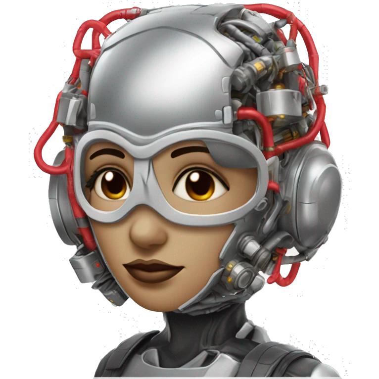 Silver curly hair female cyborg head with red respirator mask and circuits emoji