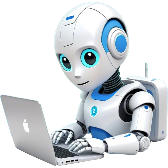 Emoji: a cute humanoid robot typing on a laptop, with lines of code appearing on the screen. The robot has a friendly expression, 3D style, minimalistic background, cool AI-inspired colors emoji
