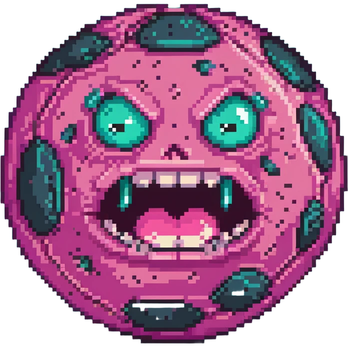 bright pink planet with darker pink spots and an angry face with gritted teeth emoji