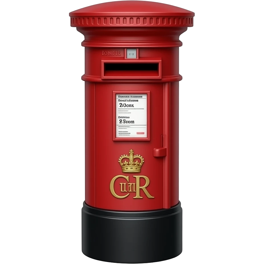 Traditional British pillar post box, isolated, centered, no background, no street, no scenery, no text, deep royal red, small crown emblem, iconic London street symbol emoji