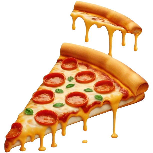 Cinematic cheesy pizza slice, gooey melted cheese stretching as a bite is taken, crispy golden crust, rich tomato sauce, vibrant toppings, warm glowing background, inviting and delicious. emoji