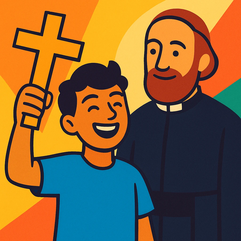 joyful Christian youth with a cross, subtle reference to Hno. Gabriel Taborin with beard and habit, vibrant and uplifting style, Christian vocational animation emoji