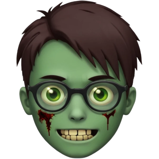 Zombie emo boy, green skin and brown hair and eyes, black glasses and a scary smile with a cut on the side, scars and blood under eyes emoji