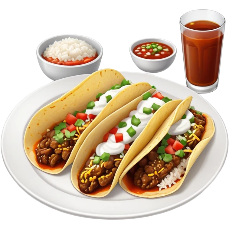 Birria tacos on a white plate with consome and rice on the side emoji