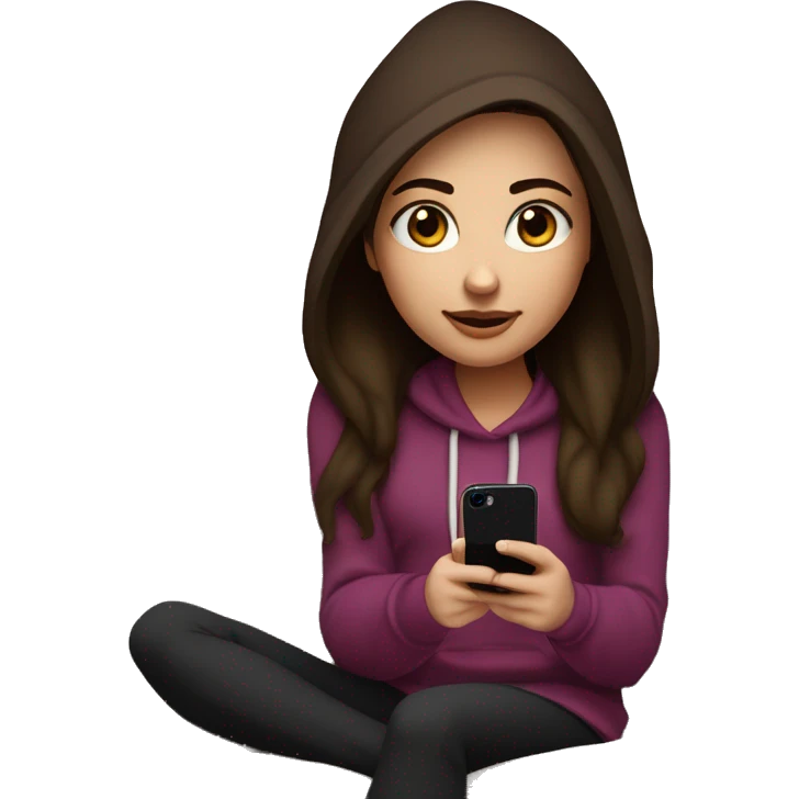 A cute girl with burgundy dark brown hair with red eyes on her iPhone 16 Plus on a couch with a purple hoodie and black leggings. Her hair is long and she has blue eyes. emoji