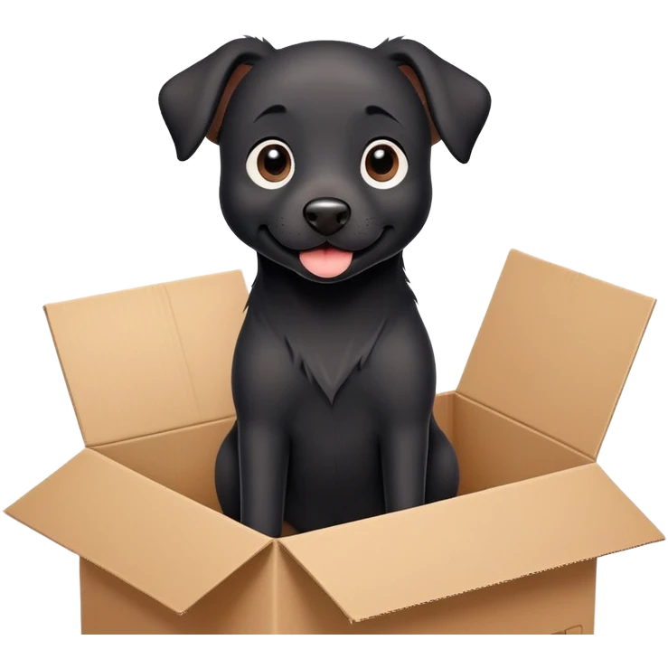  A very cute  young happy black dog with one's head tilted to one side poked its paws out of the cardboard big box and placed them on top of it emoji