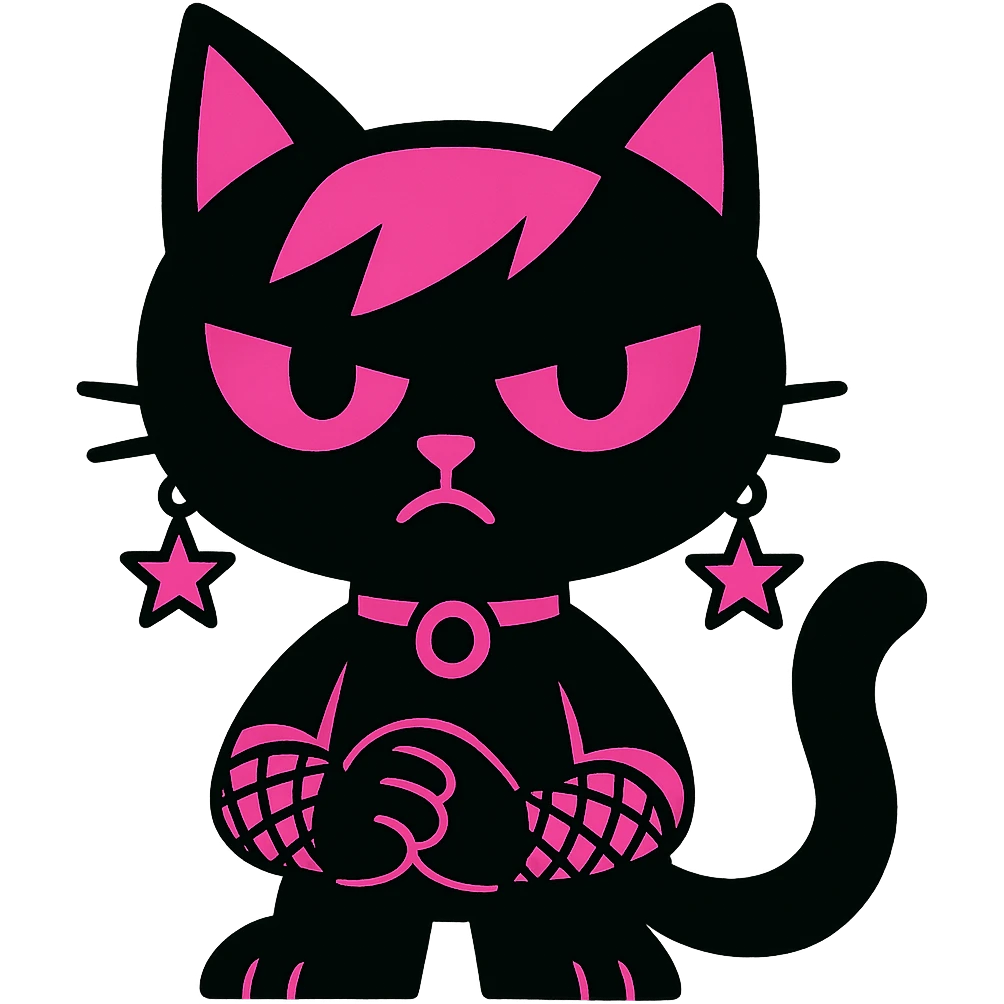 gothic cat with black and pink colors, fishnet gloves, star-shaped earrings, vibrant toon style emoji