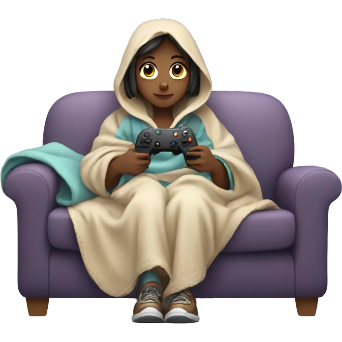 Girl wrapped up in a blanket sitting on a couch with a gaming controller in her hands emoji