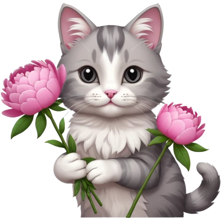 Cute cat Handing pink peonies like reaching a hand and handing them out a bouquet of them not a physical hand the cats hand  make the cat fluffy and grey and white fluffier make the cat wear a pink coquette make her wear a pink coquette make the peonies open and in boquette emoji