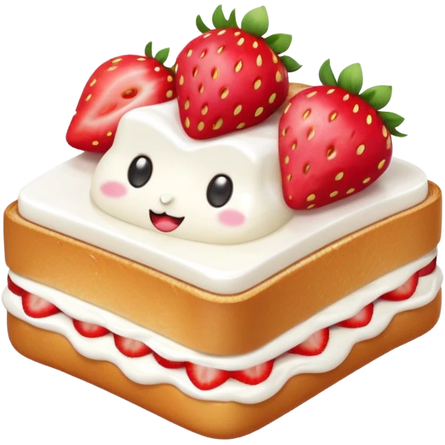 square toast topped with fluffy white cream, decorated with a strawberry bow made from two strawberry halves and a small sliced center, bright red and glossy, Clean soft shading, kawaii emoji style, centered object, no plate, no background, high detail, pastel tone emoji
