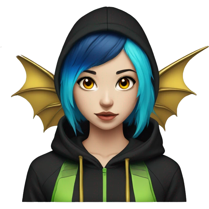 Lady with brunette and iridescent blue hair, gold, lime green dragon wings, black hoodie, bleach dyed, black and gold Nike t shirt, and bright red eyes emoji