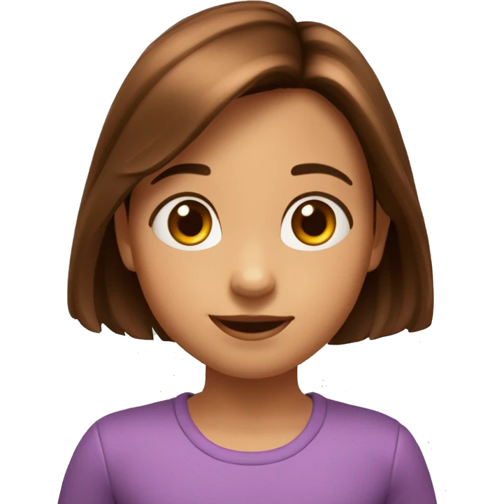 Estilo pixar niña de 8 años pelo castaño liso puntas rozadas, ojos marrones emoji