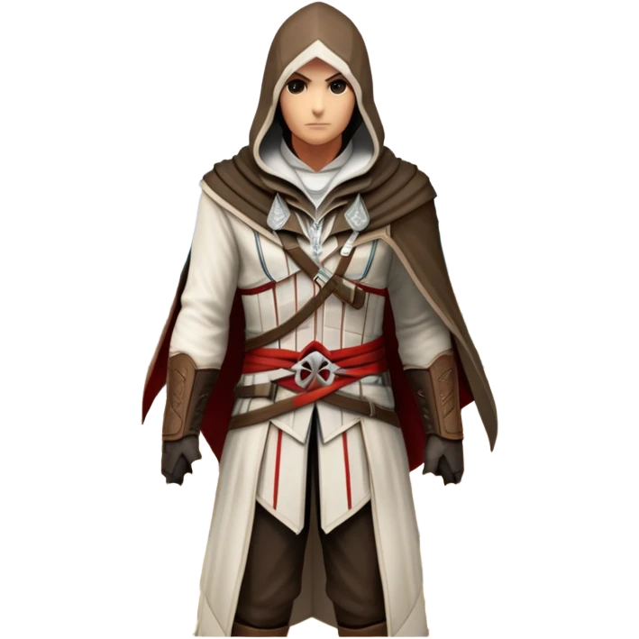 icon featuring Assasin's Creed in an iconic assassin's hood, standing tall against the backdrop of Florence. The design captures the essence of adventure, with intricate details of historical architecture and a sense of mystery. The character is poised, ready for action. transparent background. emoji