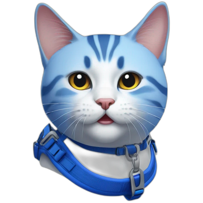 Blueballpoint cat with mouth slightly open and blue harness emoji