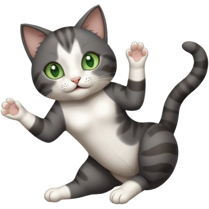 beautiful female solid dark grey cat with green eyes, white toes/paws and white patch on her chest playfully rolling upside down emoji