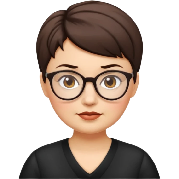 classic teacher emoji but fatter and with a black pixie cut, make her white and the pixy cut is pointy and dark brown and she is very fat emoji