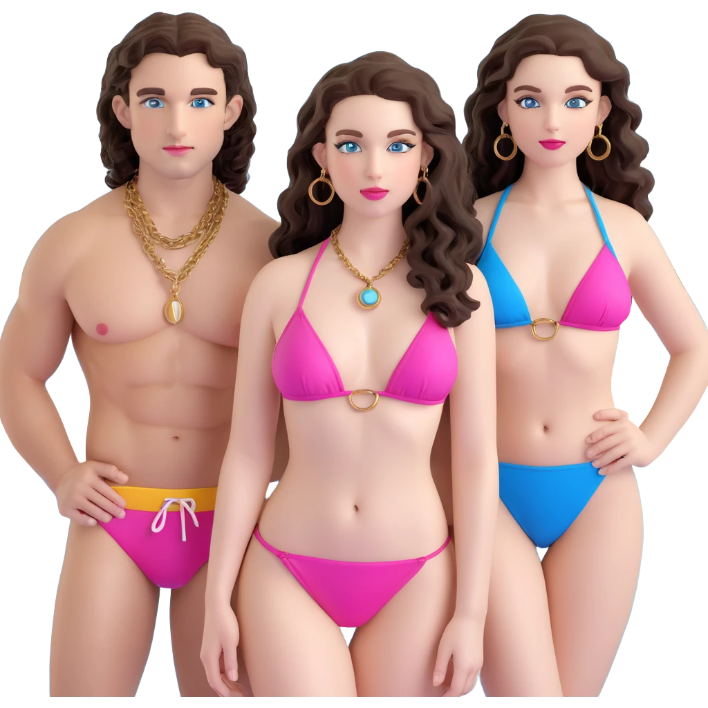 attractive couple on sunny beach, ocean background, curvier woman with fuller figure, big blue-grey eyes, long lashes, pale skin, pink lips, long voluminous dark brown curls, gold hoop earrings, tiny string bikini on her plumper body, next to handsome man with intense blue-grey eyes, chiseled features, pale skin, confident smirk, dark brown styled hair, gold chain, minimalist swimwear, both lounging on sand emoji