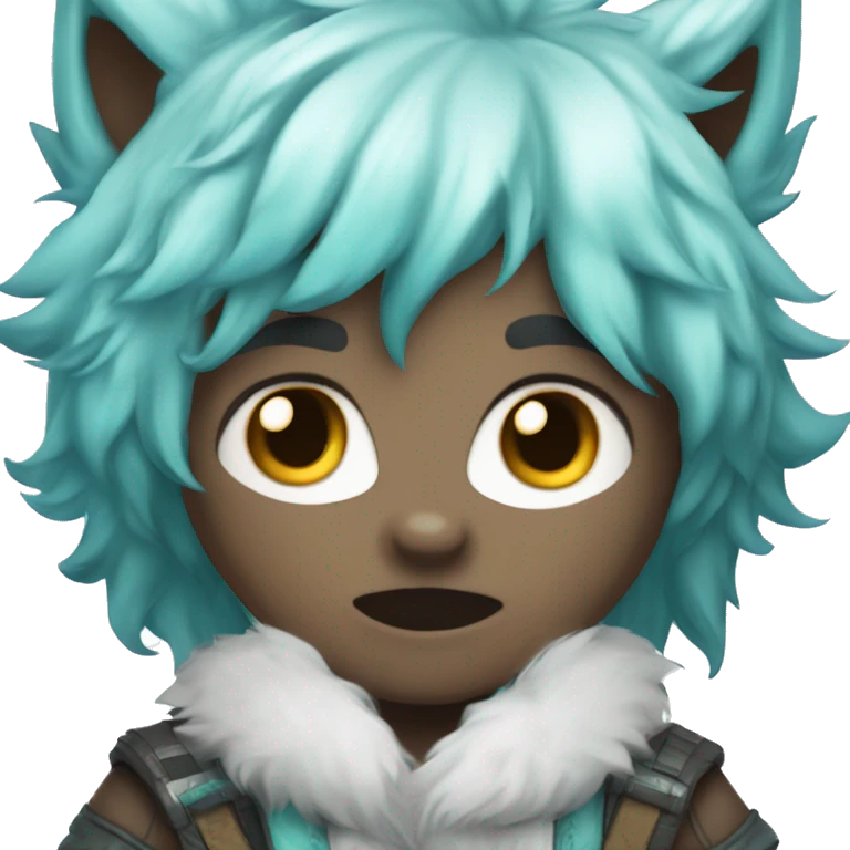 chibi white skin cyan hair boy with wolf ears happy with the thongue out emoji