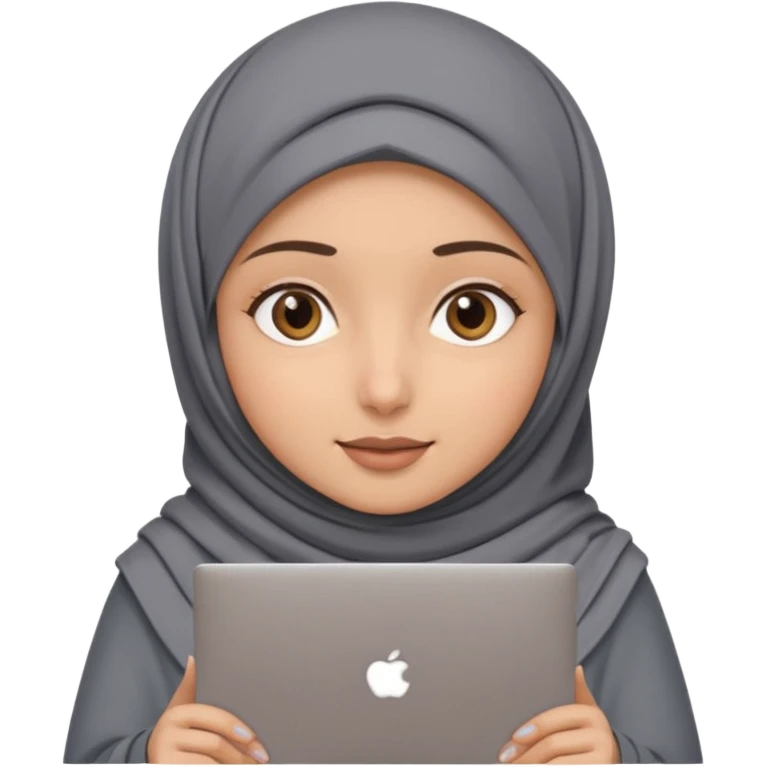 A girl wearing a gray hijab and with hazel eyes is carrying a laptop, not a laptop, just a regular laptop. emoji