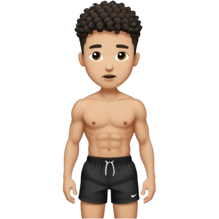 Ripped, athletic man with thick neck, high top fade with no part, curly hair only top only, no shirt and show waistline up, white male, black shorts and more man face emoji