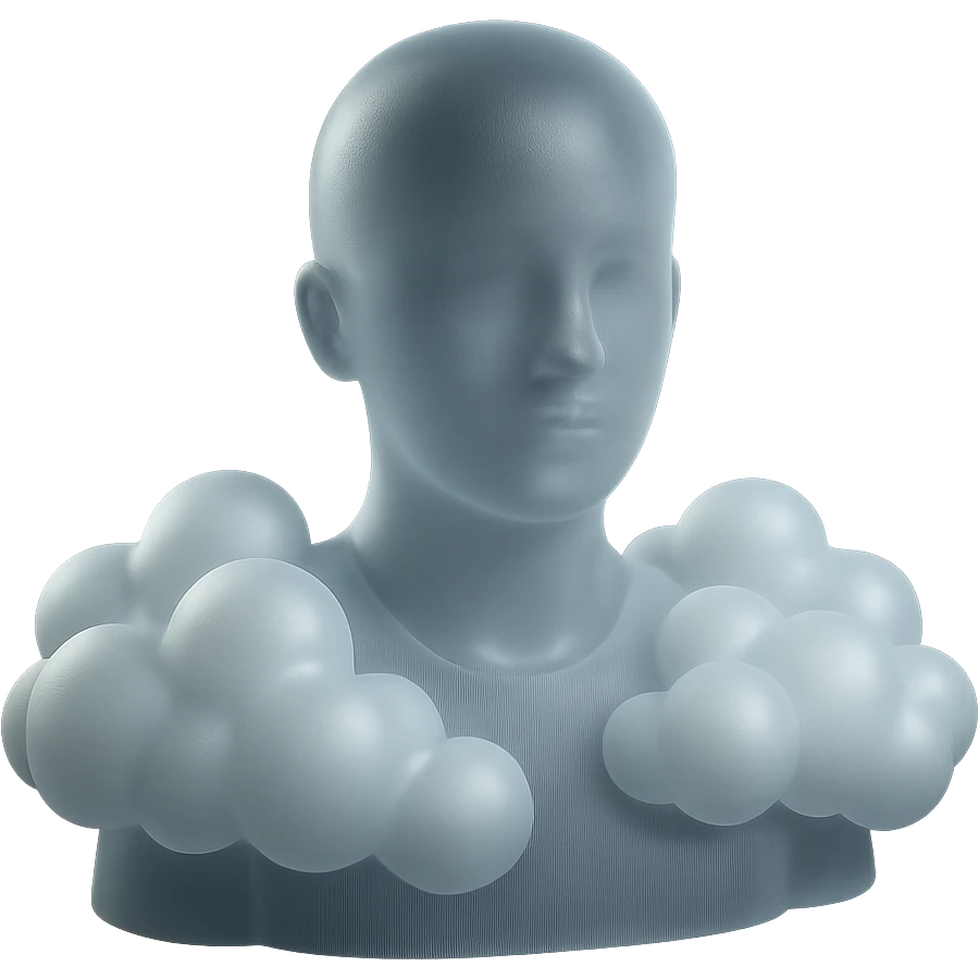 person looking straight ahead, shoulders filled with convex white fluffy clouds, matte glass style emoji