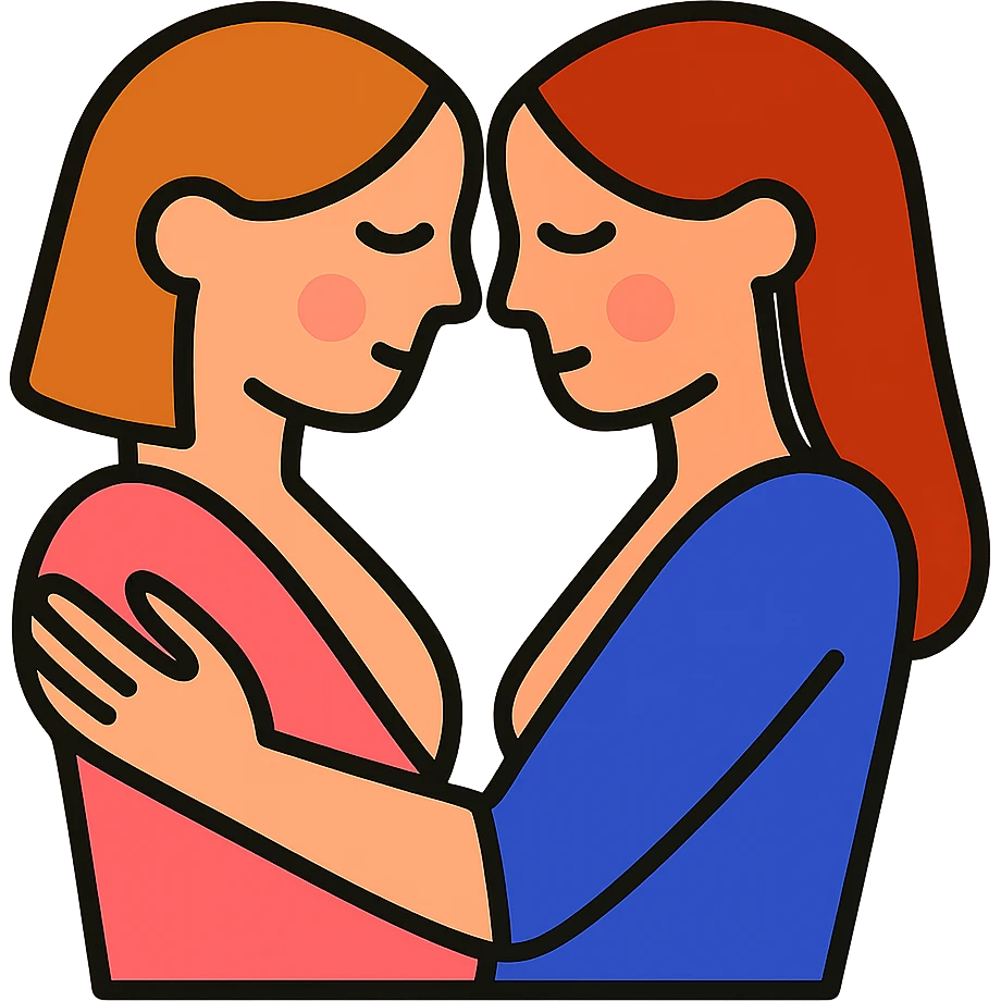 Add tasteful color accents to the icon of two women sharing intimacy, keep the lines clean and minimal, preserve transparent background. emoji