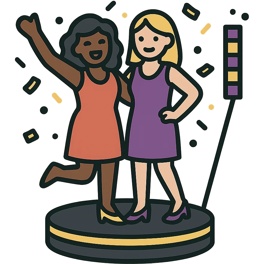 small simple icon of two women, one Black and one White, posing together on a spinning platform, confetti and LED lights in purple gold and black, festive upscale emoji