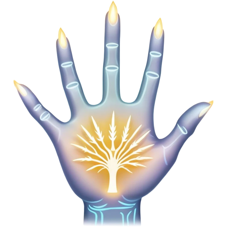 ethereal glowing hand with intricate symbolic palm lines, radiating mystical energy emoji