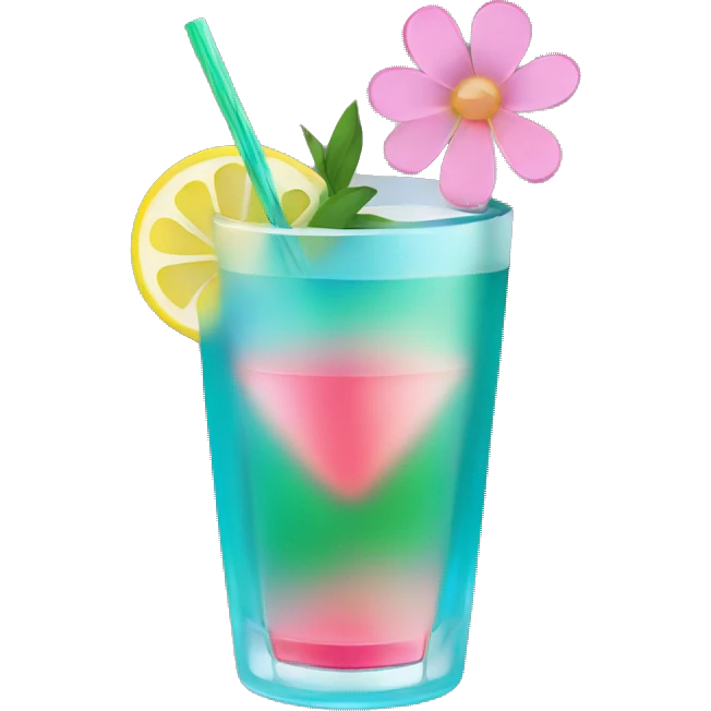 Blue/green cocktail with pink flowers and lemon and straw emoji
