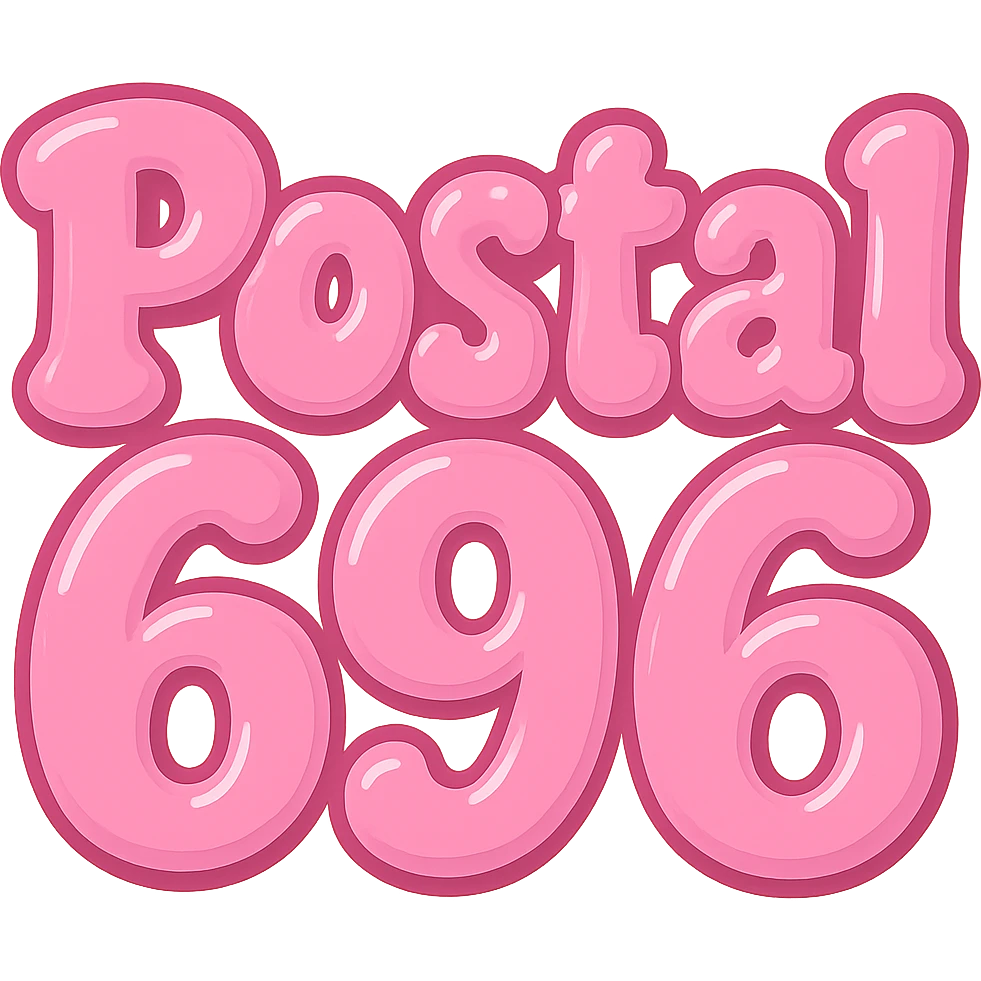 Change the font color to pink for 'Postal 696', keeping the extra puffy bubble letter style, whimsical and lighthearted, with a transparent background. Maintain the playful and bubbly appearance of the letters. emoji