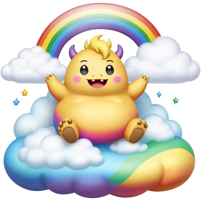 3D, Kawaii derpy fat rainbow monster sitting on a magic rainbow hued cloud, rich textures, visually detailed, so lifelike that it feels like it could leap off the page at any moment emoji