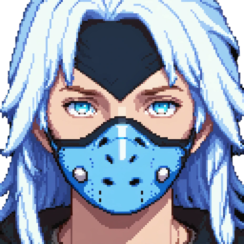close-up of a teen face with blue mask and white hair emoji