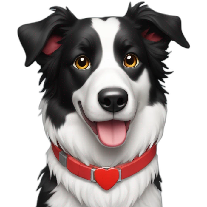 A black and white border collie with an skewed to the left white spot on his head and a red plaque on his collar chewing on iPad cord emoji