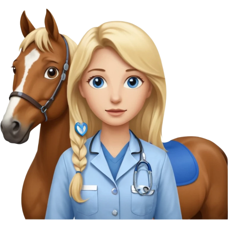 Femme blonde aux cheveux longs, aux yeux bleus, vétérinaire avec des chevaux emoji
