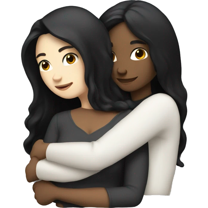 A lesbian couple with white skin and long black hair hugging intimately, and romantically. emoji