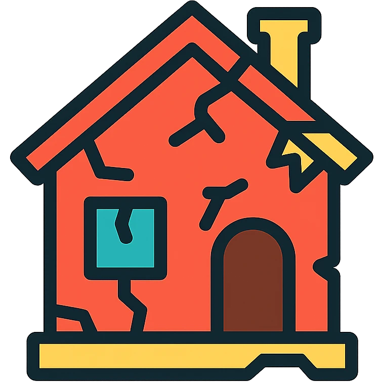 broken down house, clear lines, cracks, missing windows, color outline icon style emoji