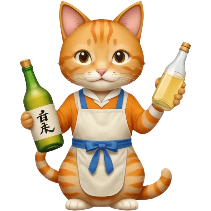 cool cat wearing an apron holding a bottle of sake emoji