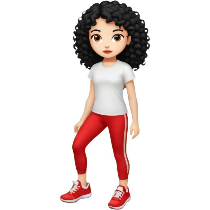 generate a pretty bratz fair skinned girl with curly black hair wearing a white tshirt trekking on a hill with red sneakers on and black leggings.  Put a hill behind her emoji