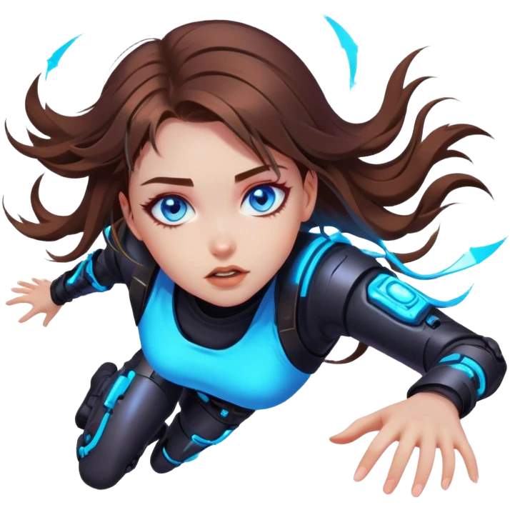 Neon cyberpunk style 
girl with brown hair and blue eyes 
falls emoji