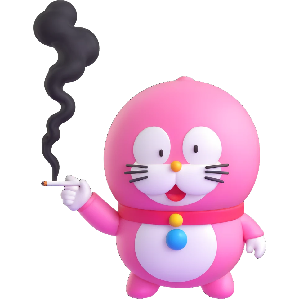 pink Doraemon smoking, blowing smoke rings emoji