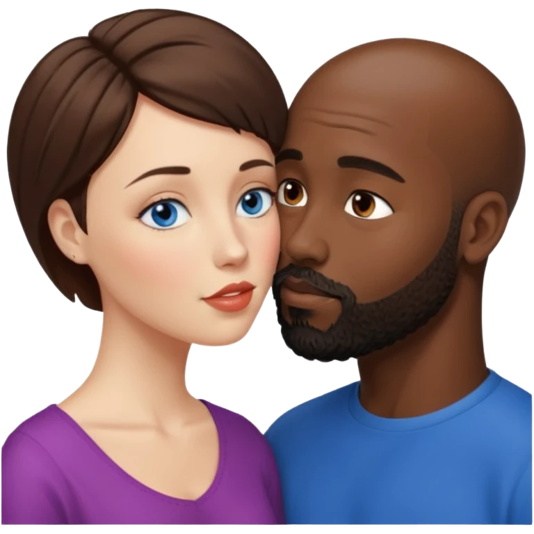 There is a white woman with short brown hair and blue eyes and a black man with no hair and a beard. The woman is giving a kiss to the forehead of the man emoji